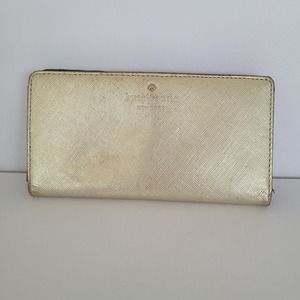 Kate Spade Clutch Wallet Gold Champaign Metalic Saffiano Logo Large Bifold Fair